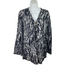 Michael Kors Zebra Animal Print Sz Large Tunic Blouse Top Gold Zip Detail Cotton